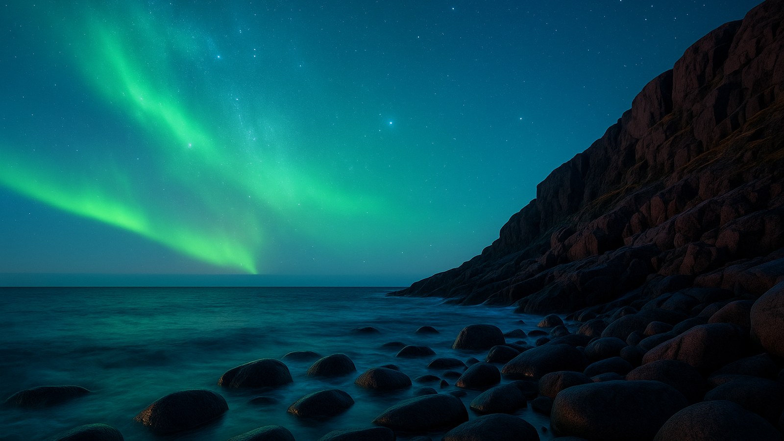 Северное сияние над каменным берегом Баренцева моря